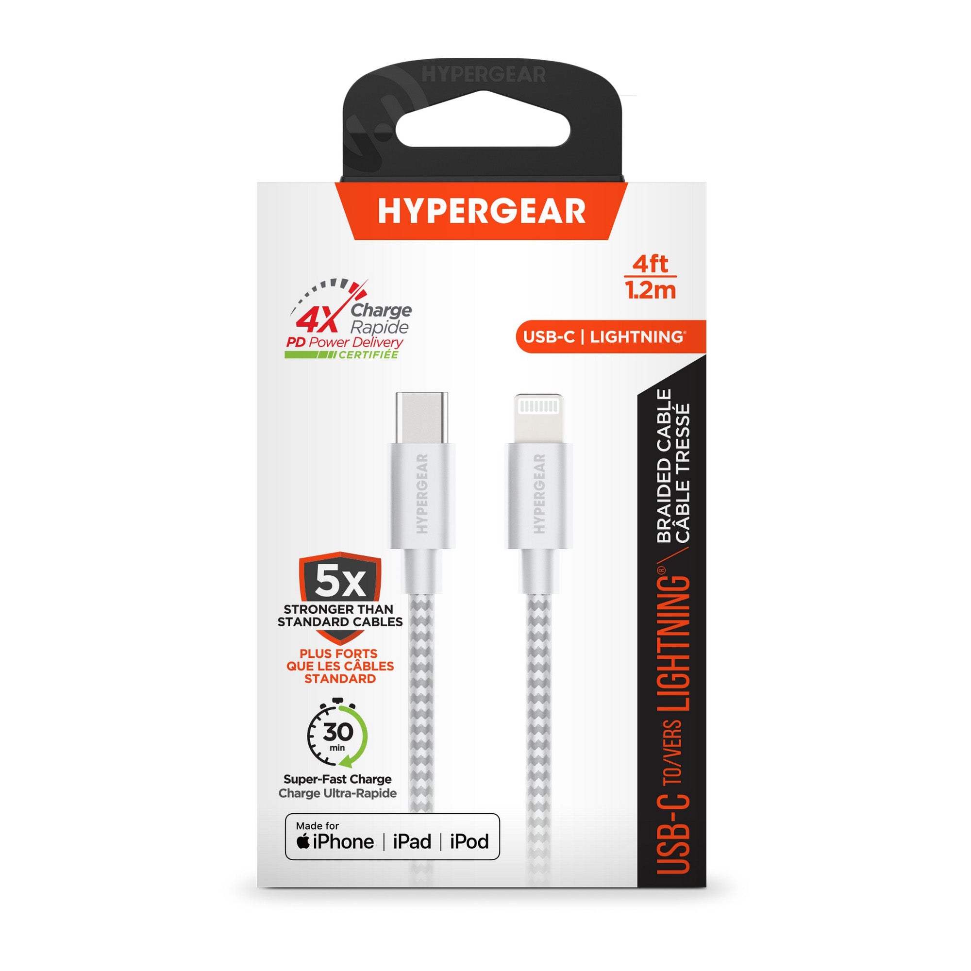 HyperGear 4 ft. (120cm) USB-C to Lightning Braided Charge and Sync Cable - White - 15-11216