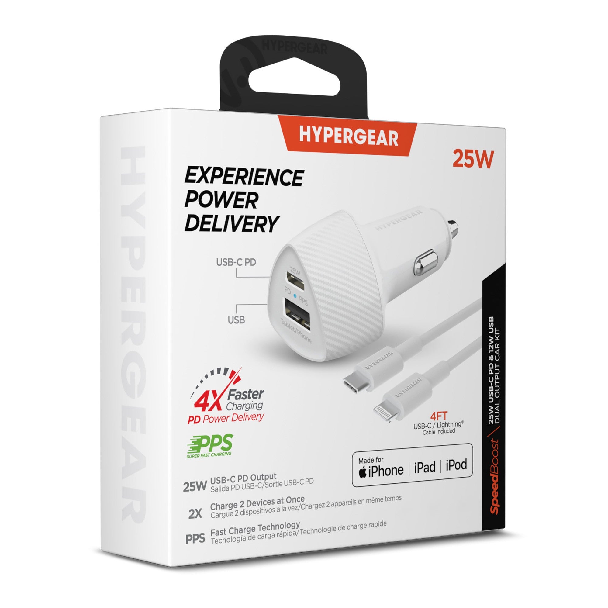 HyperGear SpeedBoost 25W USB-C PD + 12W USB Fast CLA Car Charger w/ PPS 4ft Lightning Cable - White - 15-12778