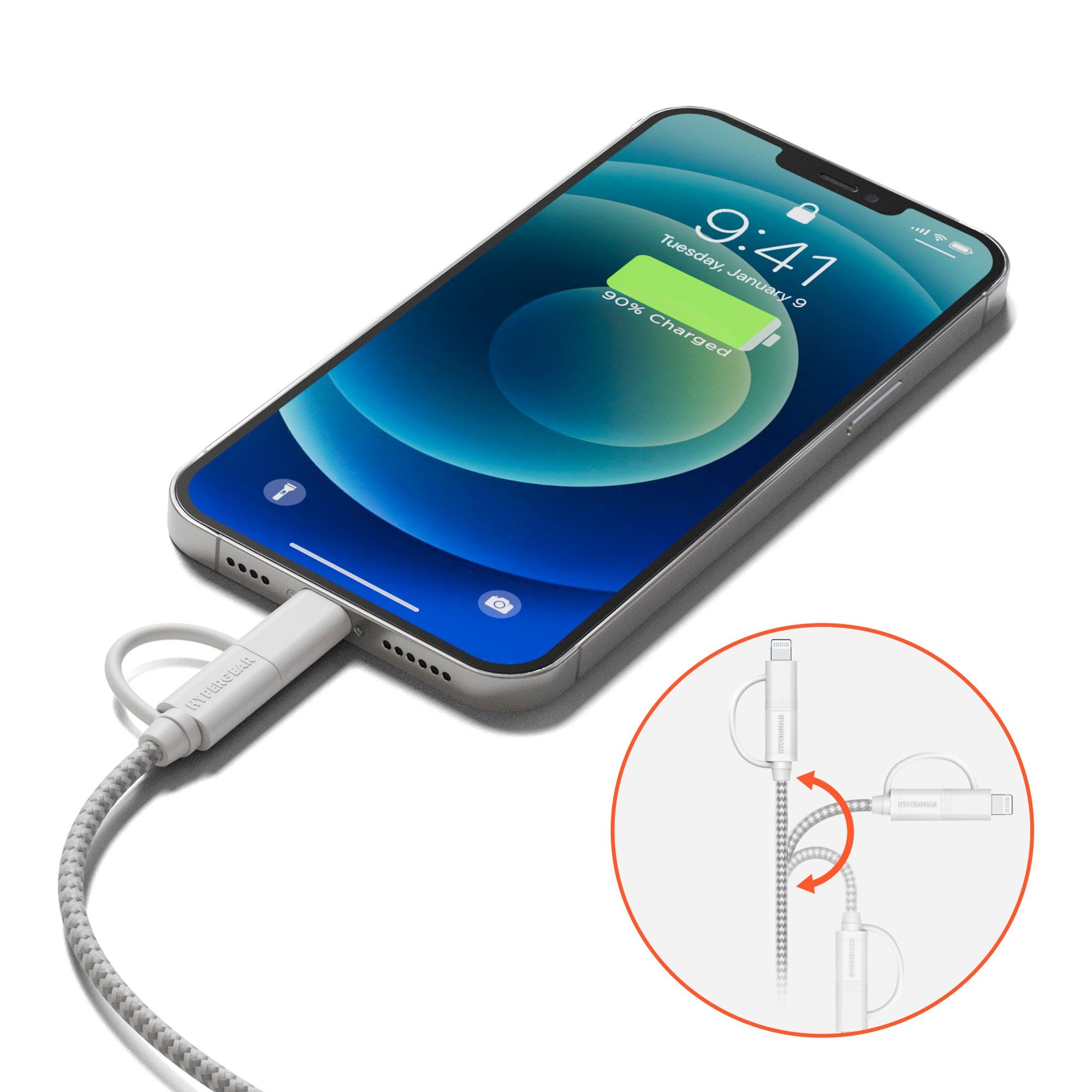 HyperGear 1 ft. 30cm 2-in-1 USB-C to USB-C + USB-C to Lightning Braided Charge and Sync Cable - 15-13655