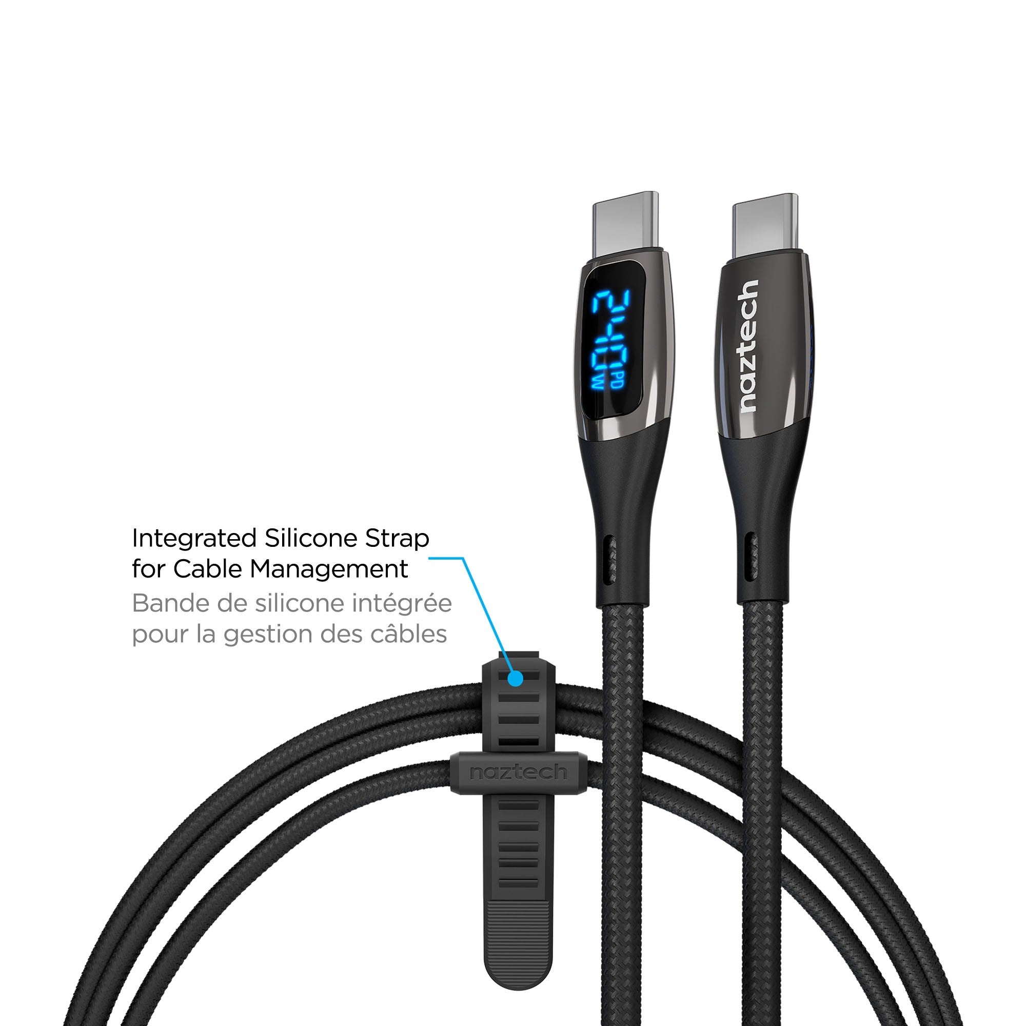 Naztech 12 ft DigiWATT 240W USB-C to USB-C Digital Fast Charge Cable with LED Power Display - 15-14055