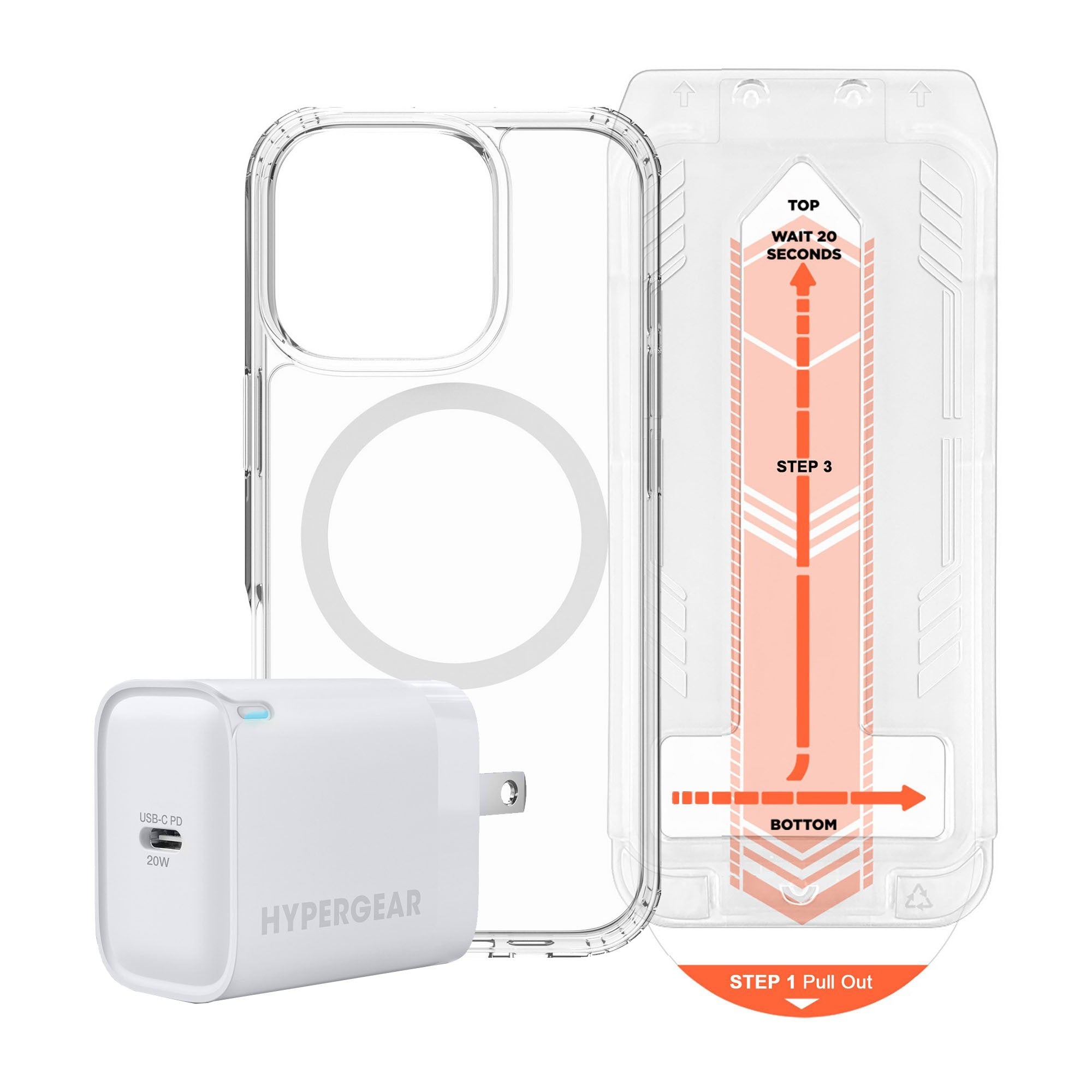 iPhone 16e/14/13/13 Pro HyperGear Accessory Bundle - 20W Hub, Glass, Case w/ Magsafe - 15-14087