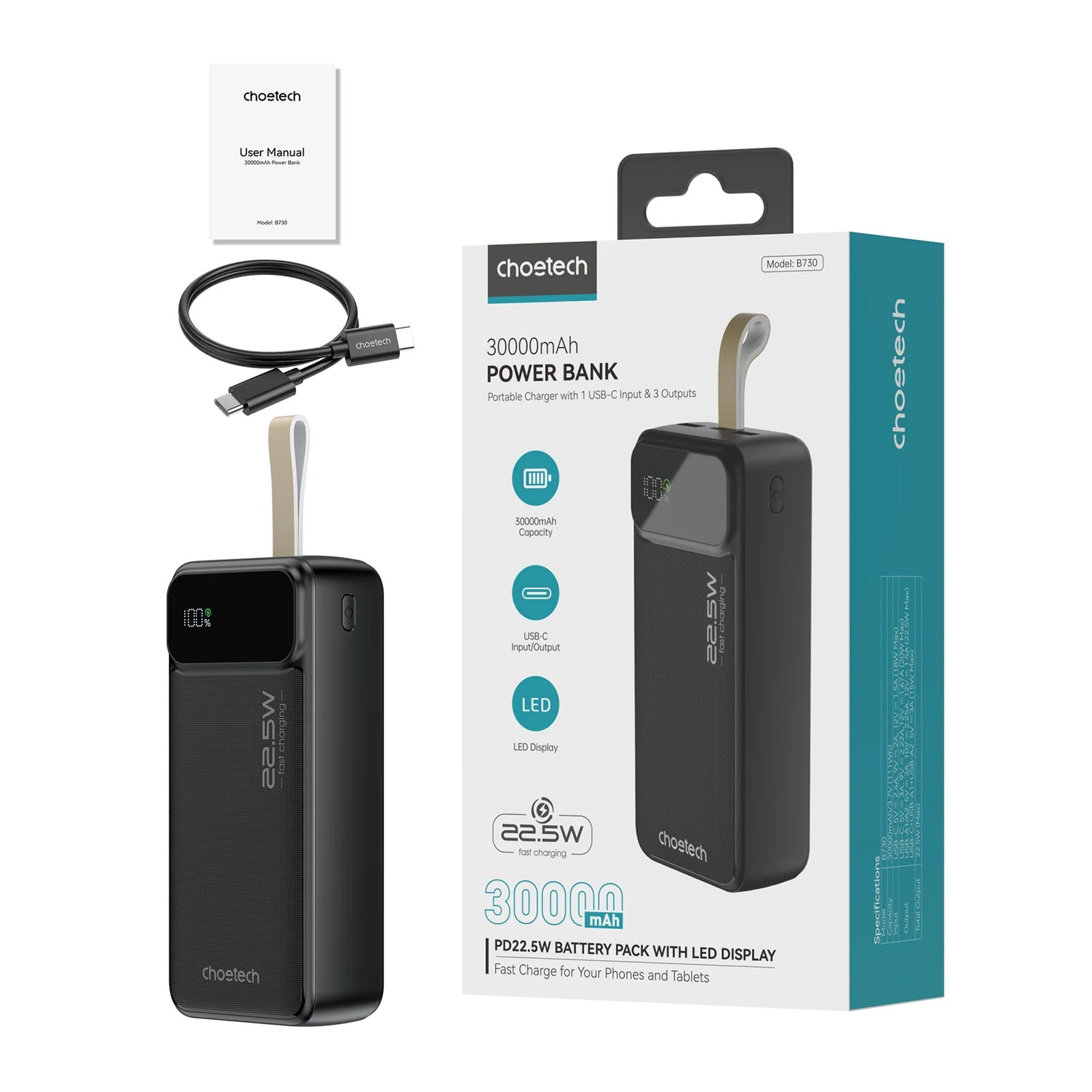 Choetech 30,000 mAh Multi Port Power Bank - 15-14108