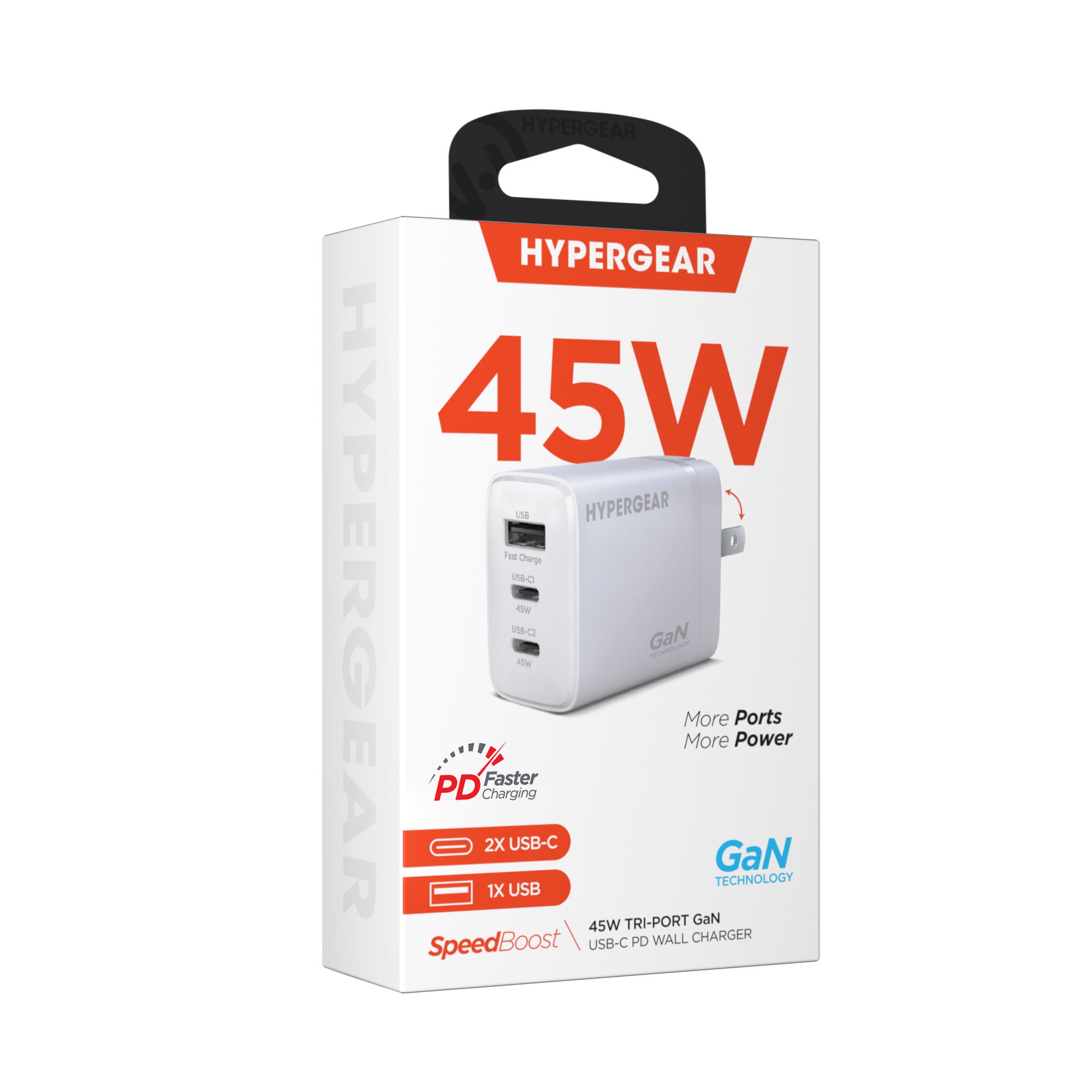 HyperGear 45W Tri-Port Dual USB-C + Single USB-A Wall Charger Travel Hub - White - 15-14280