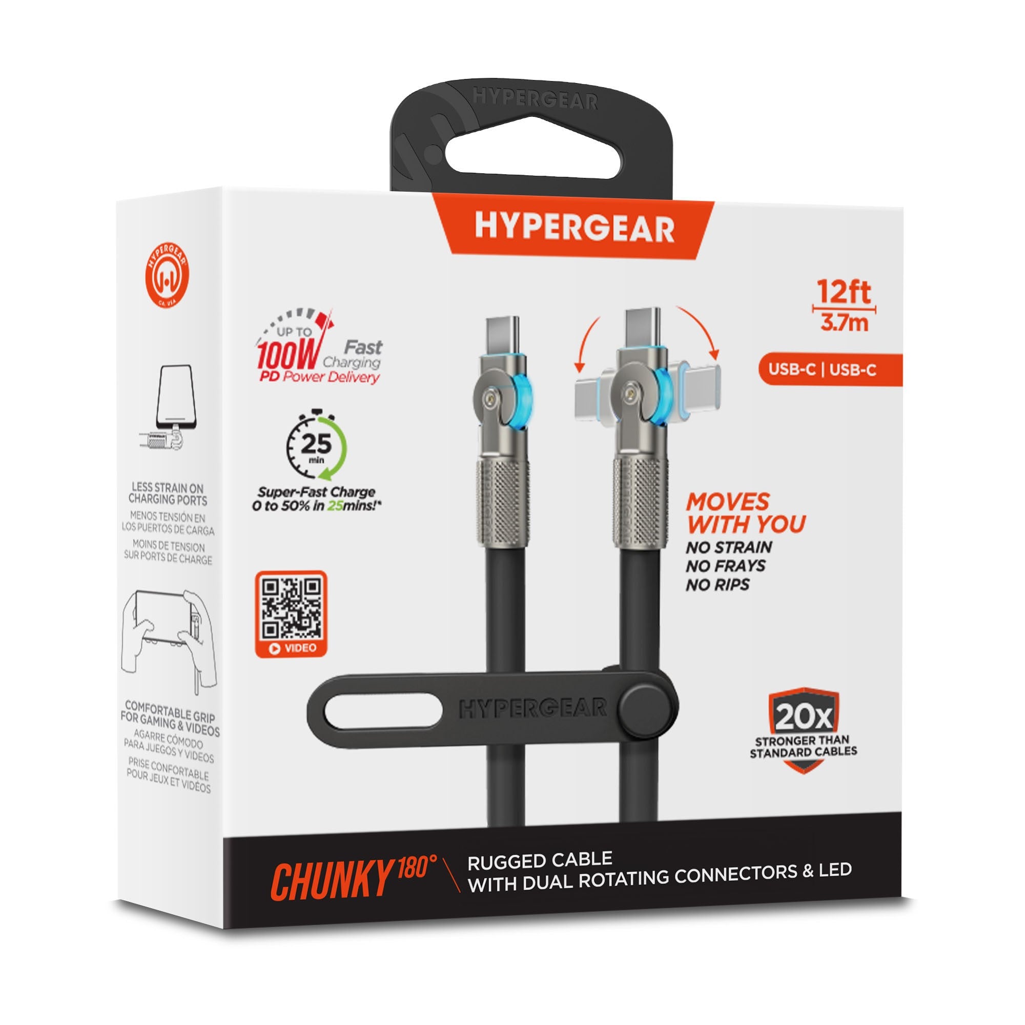 HyperGear 12 ft. 360cm USB-C to USB-C Chunky 180 Rugged Cable w/Rotating Connectors - Black - 15-14298