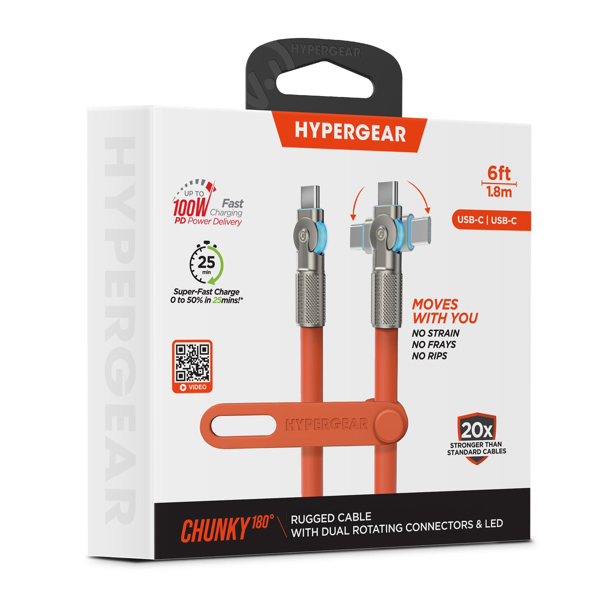 HyperGear 12 ft. 360cm USB-C to USB-C Chunky 180 Rugged Cable w/Rotating Connectors - Orange - 15-14300
