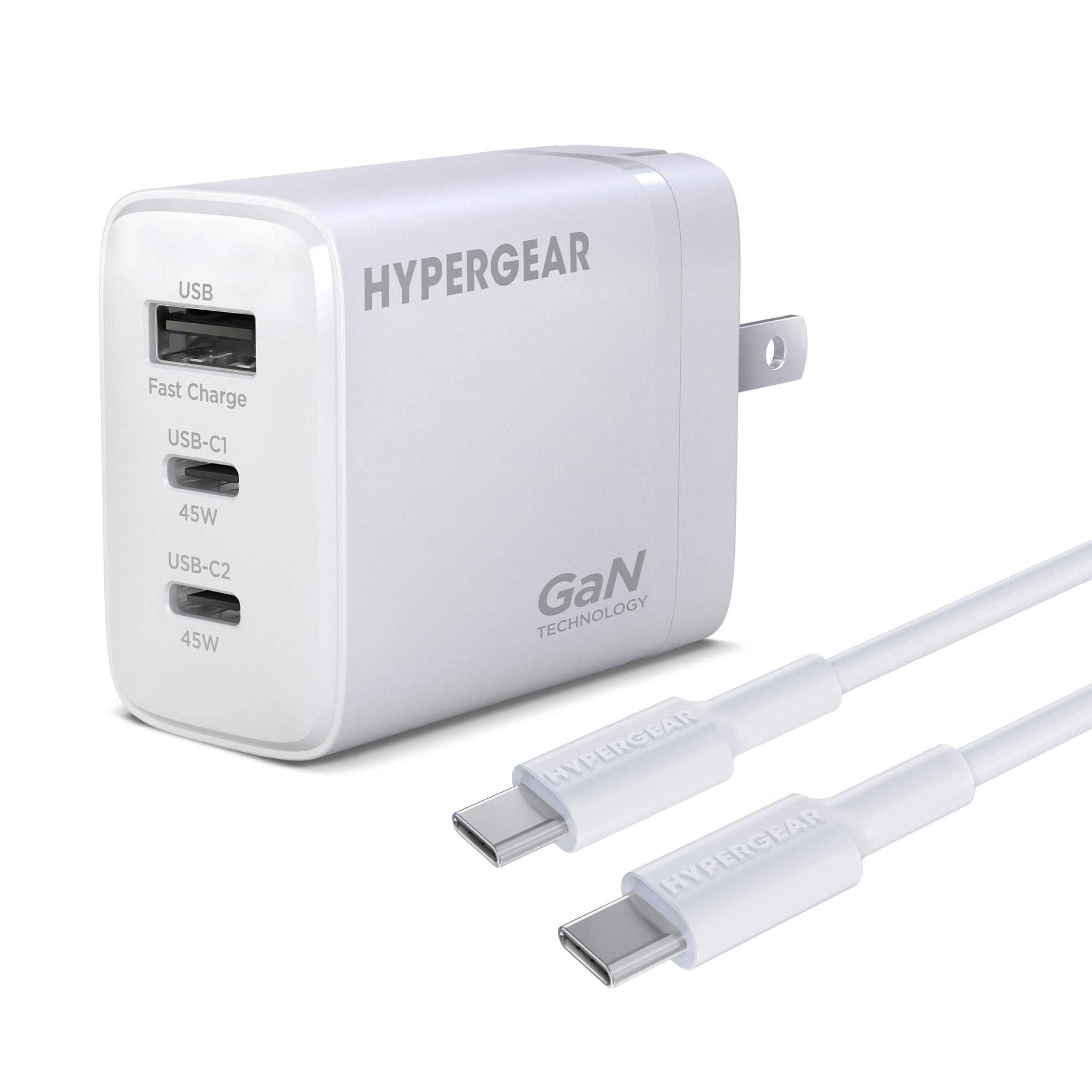 HyperGear 45W Tri-Port Dual USB-C + Single USB-A Wall Charger w/6 ft USB-C to USB-C Cable - White - 15-14303