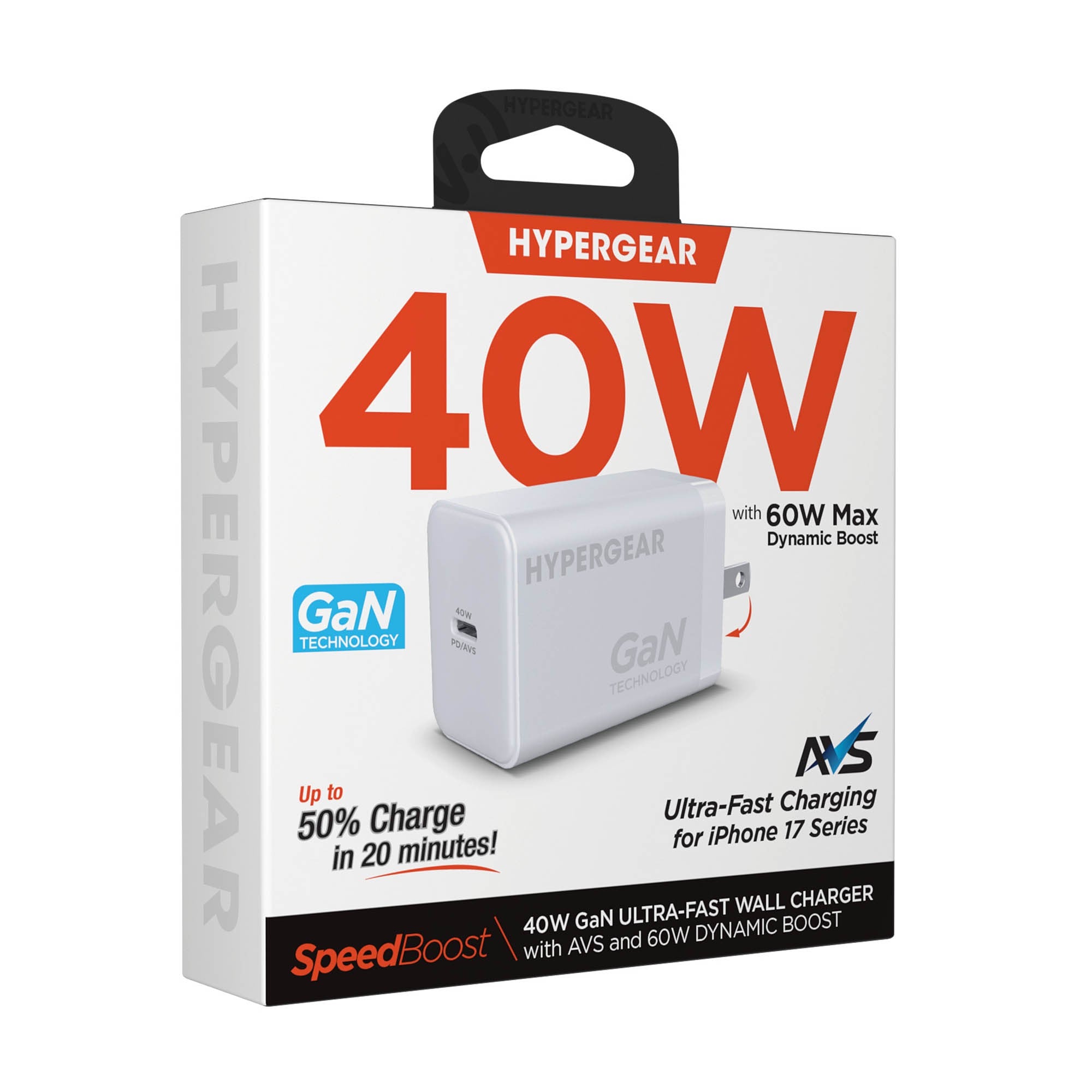 HyperGear 40W/60W Max USB-C PD 3.2/AVS/DPS GaN Wall Charger - White - 15-15424