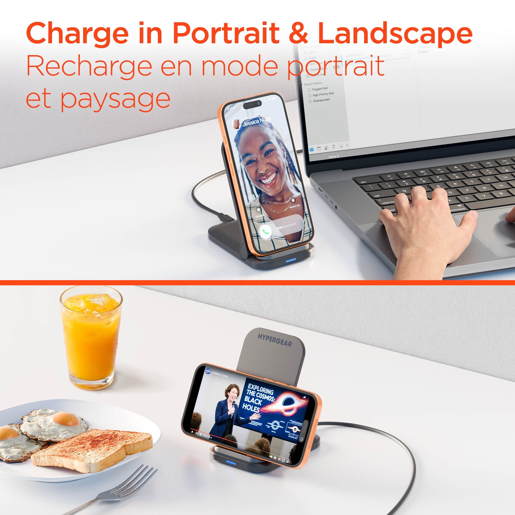 HyperGear 15W Fast Charge Foldable Wireless Charger Desktop Stand w/ Wall Charger - 15-15442
