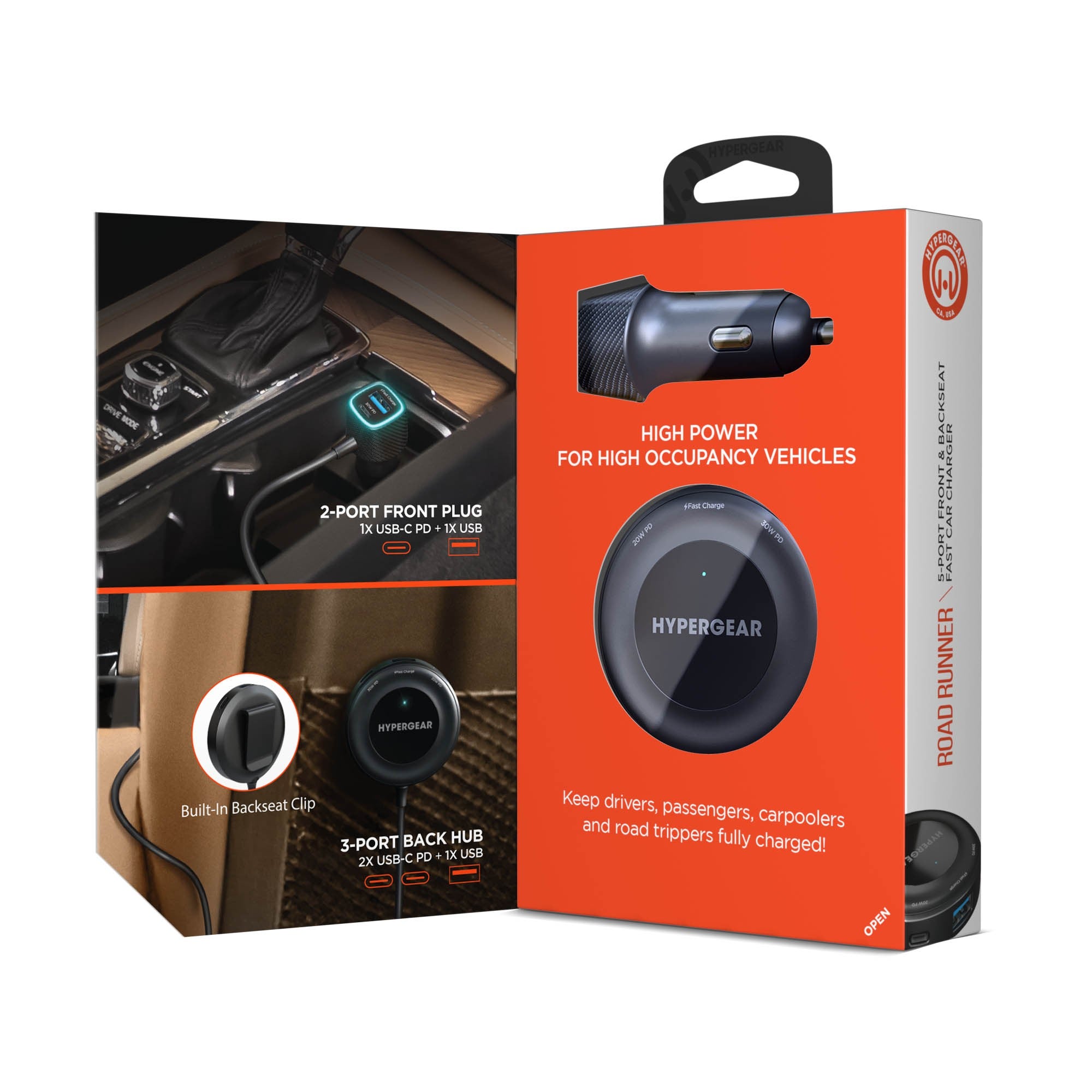 HyperGear 98W Road Runner PD PPS 5-Port Front + Backseat Fast Car Charger - 15-15444