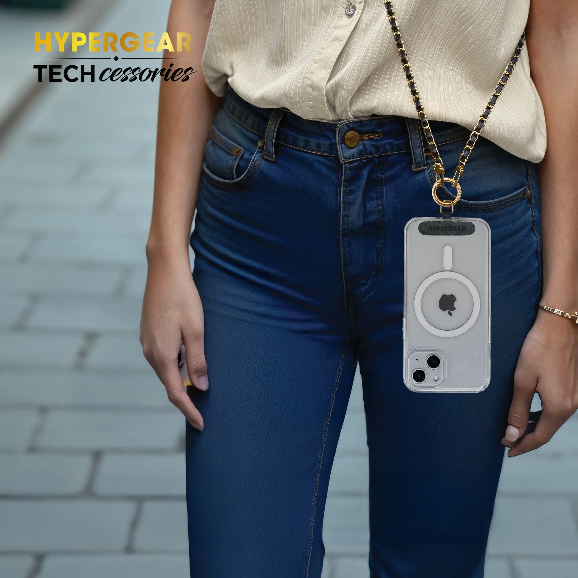 HyperGear TECHcessories Universal Crossbody Phone Strap - Gold Chain Black Vegan Leather - 15-15445