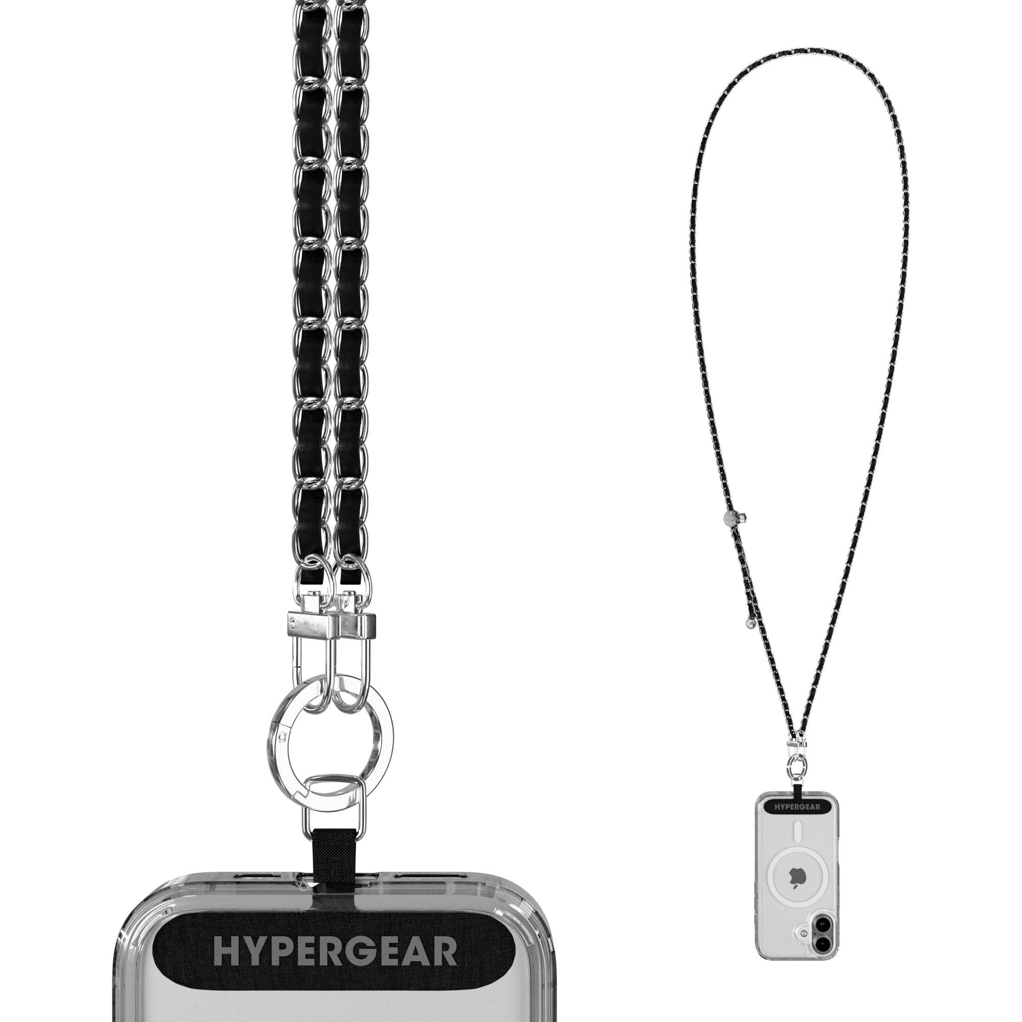 HyperGear TECHcessories Universal Crossbody Phone Strap - Silver Chain Black Vegan Leather - 15-15446