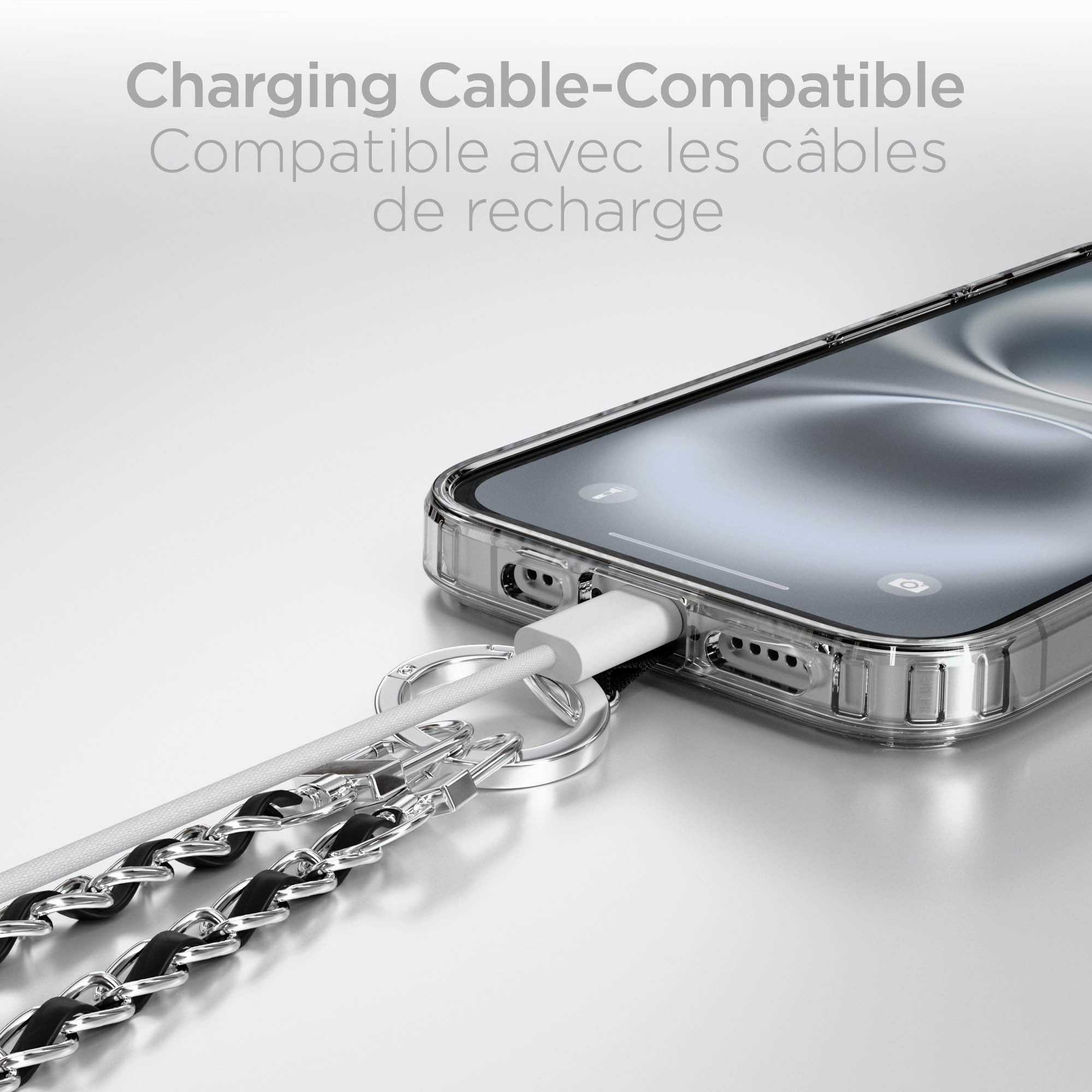 HyperGear TECHcessories Universal Crossbody Phone Strap - Silver Chain Black Vegan Leather - 15-15446