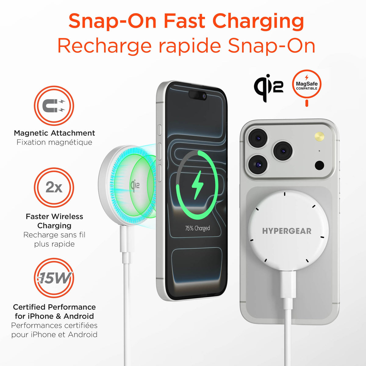 Hypergear 15W Qi2 MaxCharge MagSafe Wireless Magnetic Charger w/ Connected USB-C PD Cable - 15-15451