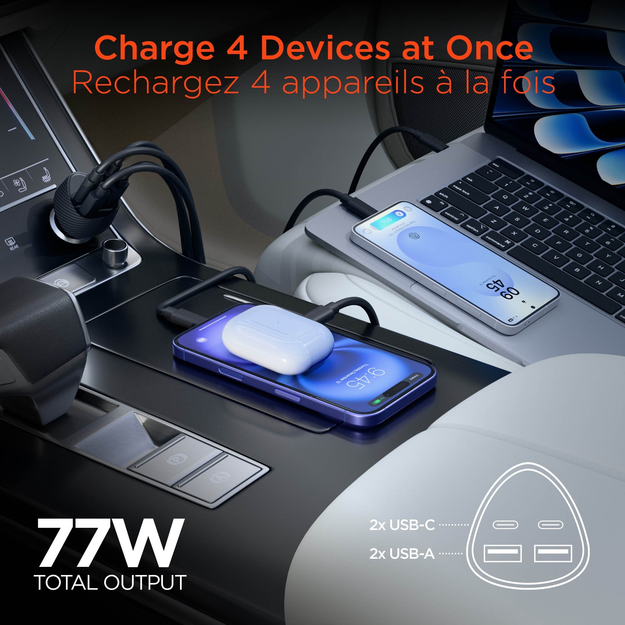 HyperGear SpeedBoost 77W Quad Port Dual USB-C+ Dual USB-A CLA Fast Car Charger - Black - 15-15452