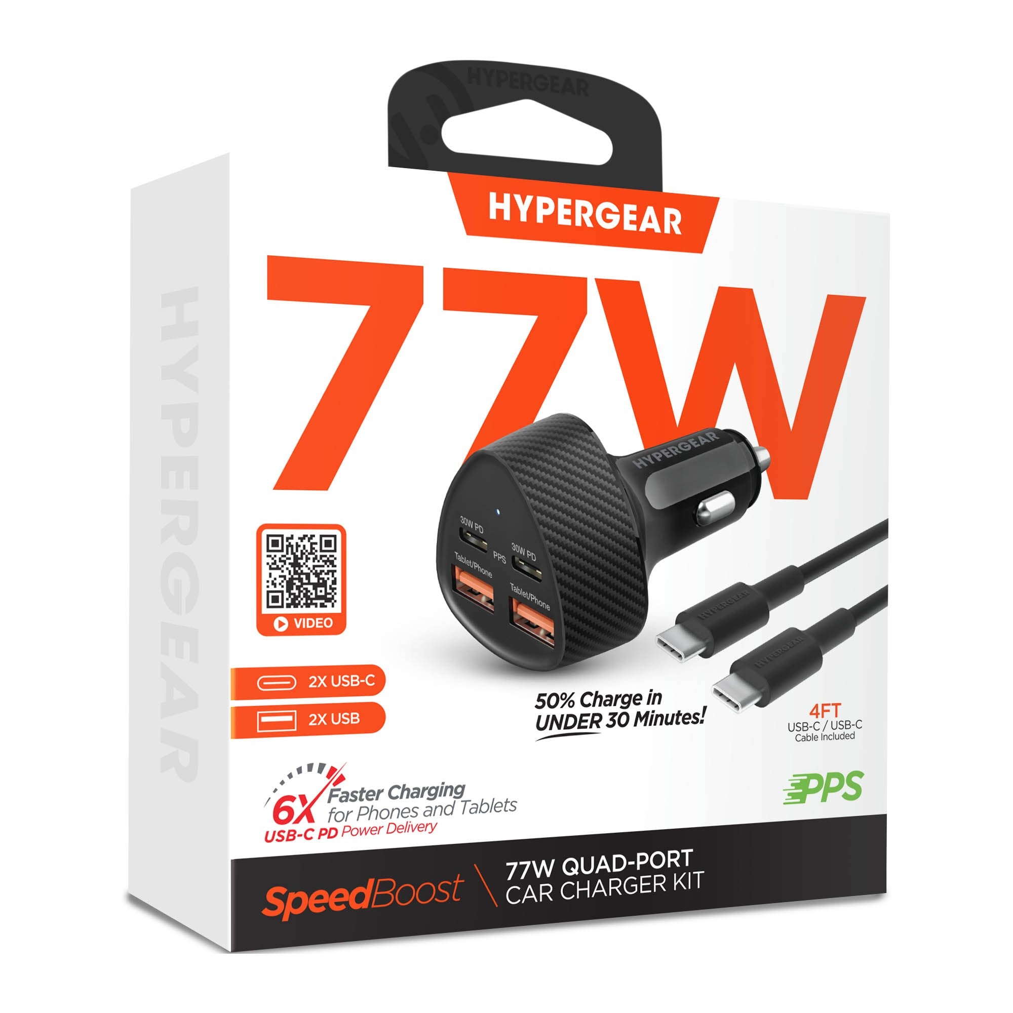 HyperGear SpeedBoost 77W Quad Port Dual USB-C+ Dual USB-A CLA Fast Car Charger - Black - 15-15452