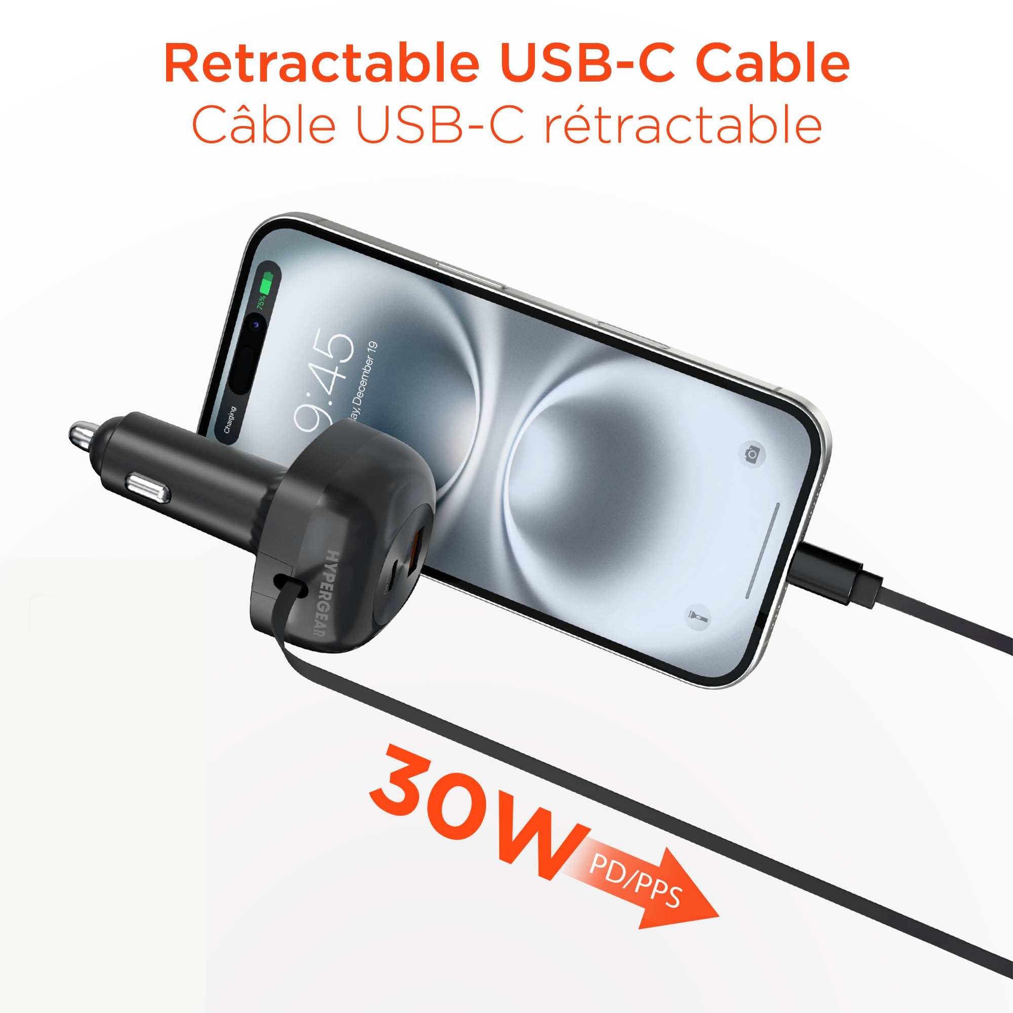 HyperGear SpeedBoost 30W 3-in-1 Fast Car Charger CLA with Retractable USB-C PD Cable - 15-15455