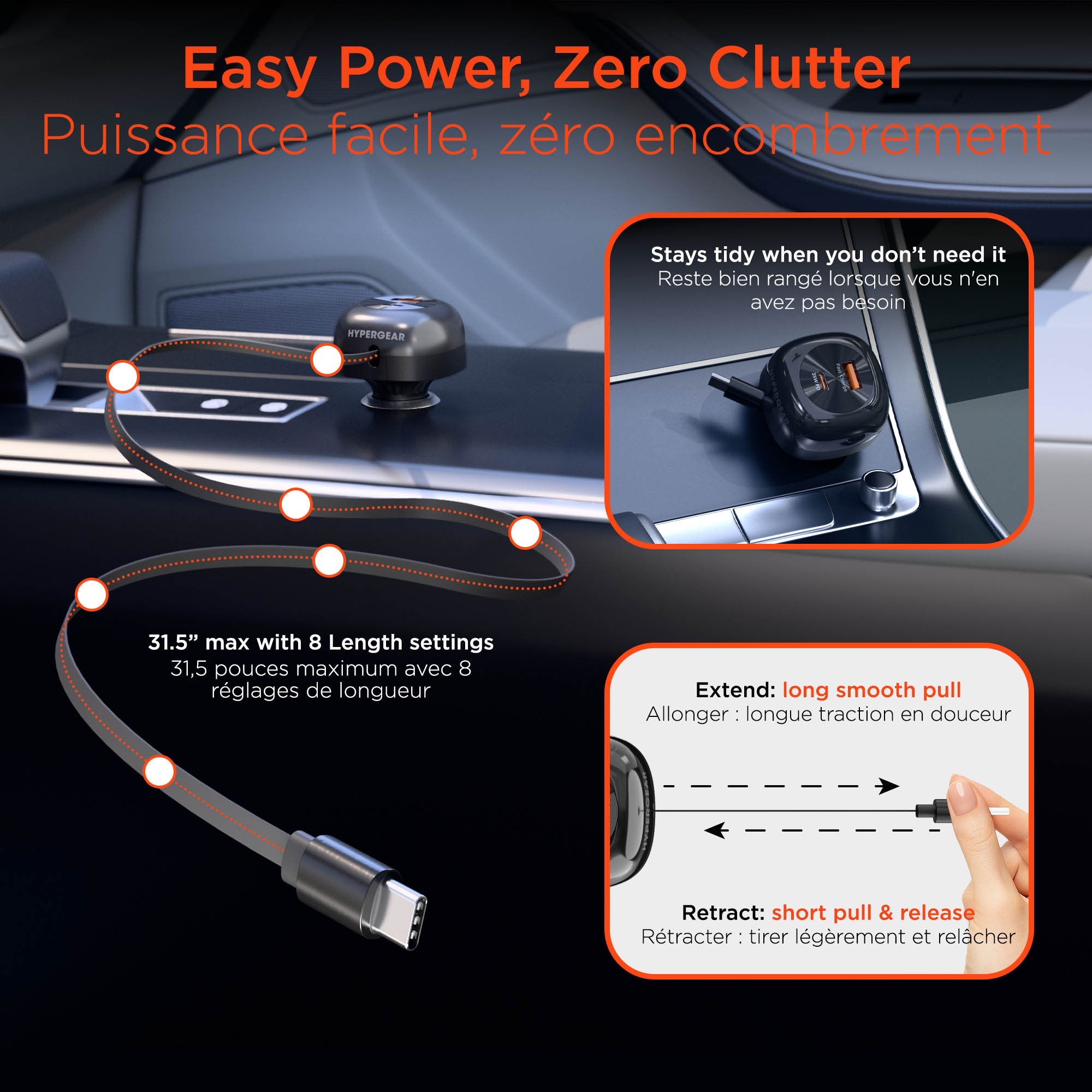 HyperGear SpeedBoost 30W 3-in-1 Fast Car Charger CLA with Retractable USB-C PD Cable - 15-15455