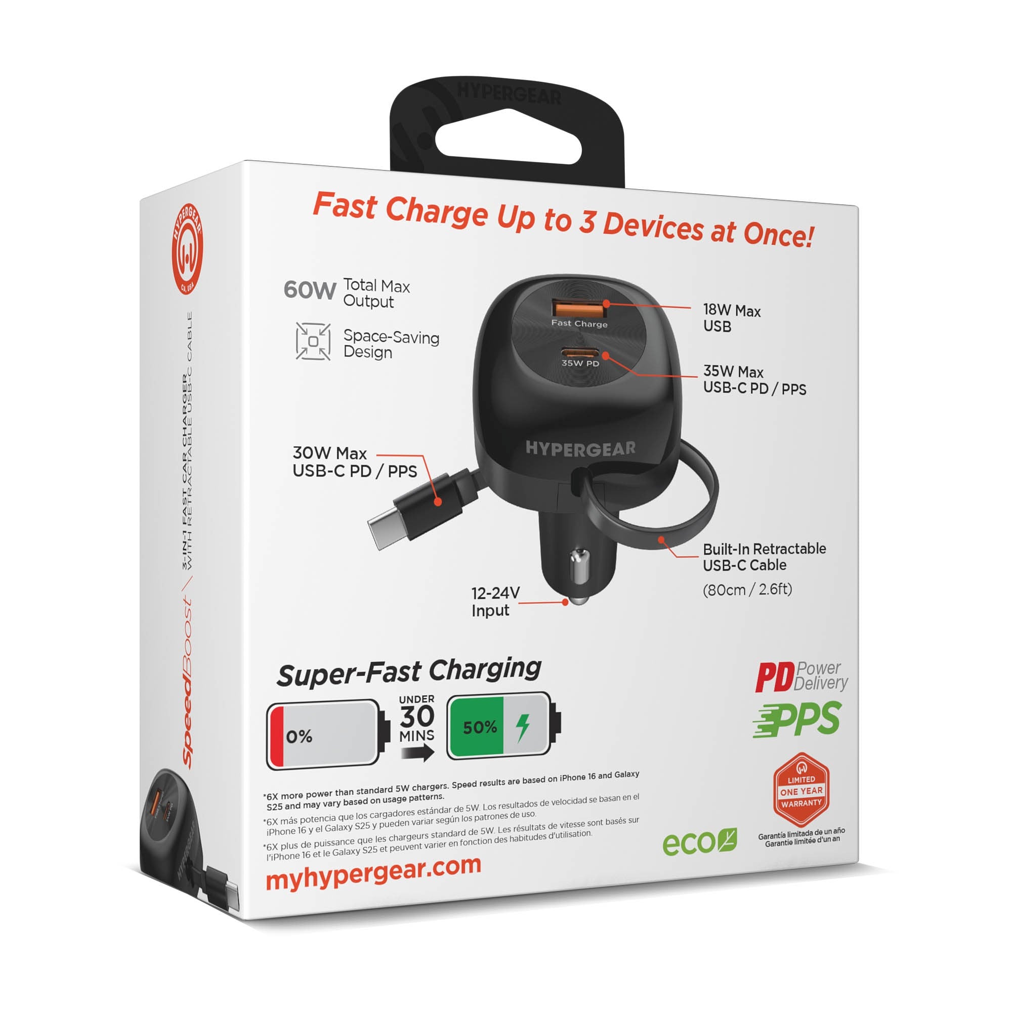 HyperGear SpeedBoost 30W 3-in-1 Fast Car Charger CLA with Retractable USB-C PD Cable - 15-15455
