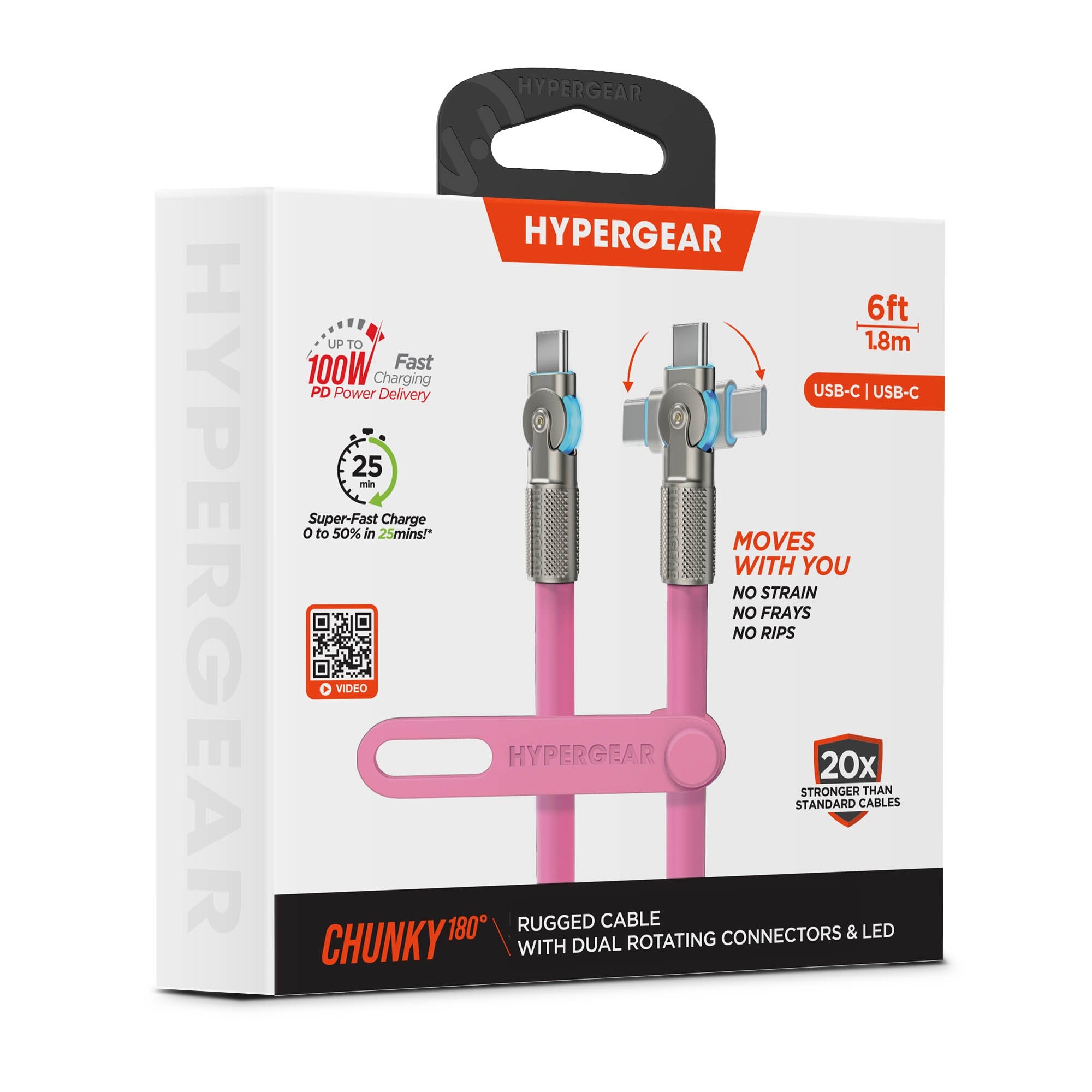 HyperGear 6 ft. 180cm USB-C to USB-C Chunky 180 Rugged Cable w/Rotating Connectors - Pink - 15-15459