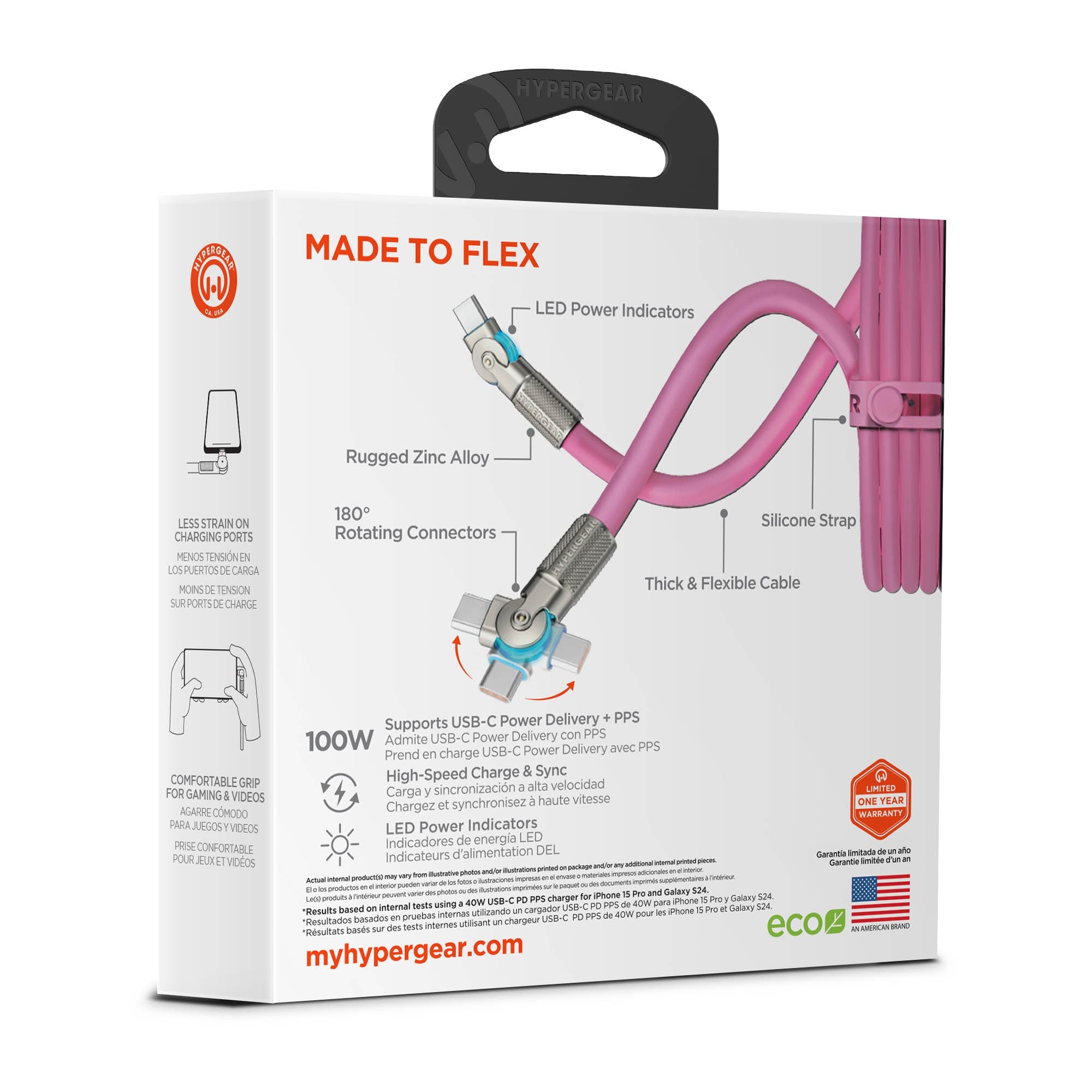 HyperGear 6 ft. 180cm USB-C to USB-C Chunky 180 Rugged Cable w/Rotating Connectors - Pink - 15-15459