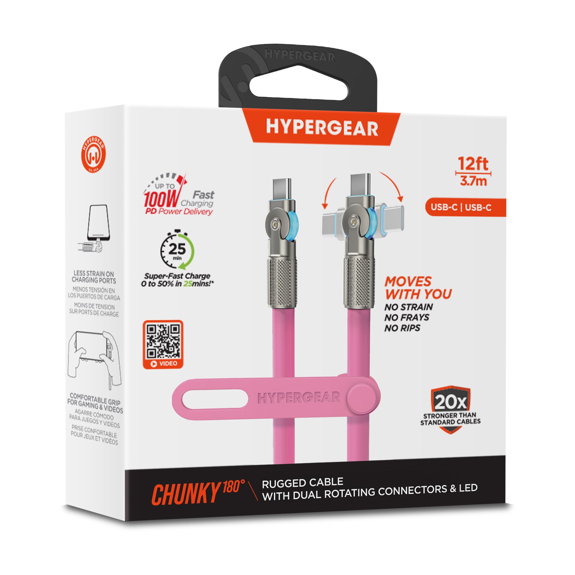 HyperGear 12 ft. 360cm USB-C to USB-C Chunky 180 Rugged Cable w/Rotating Connectors - Pink - 15-15461