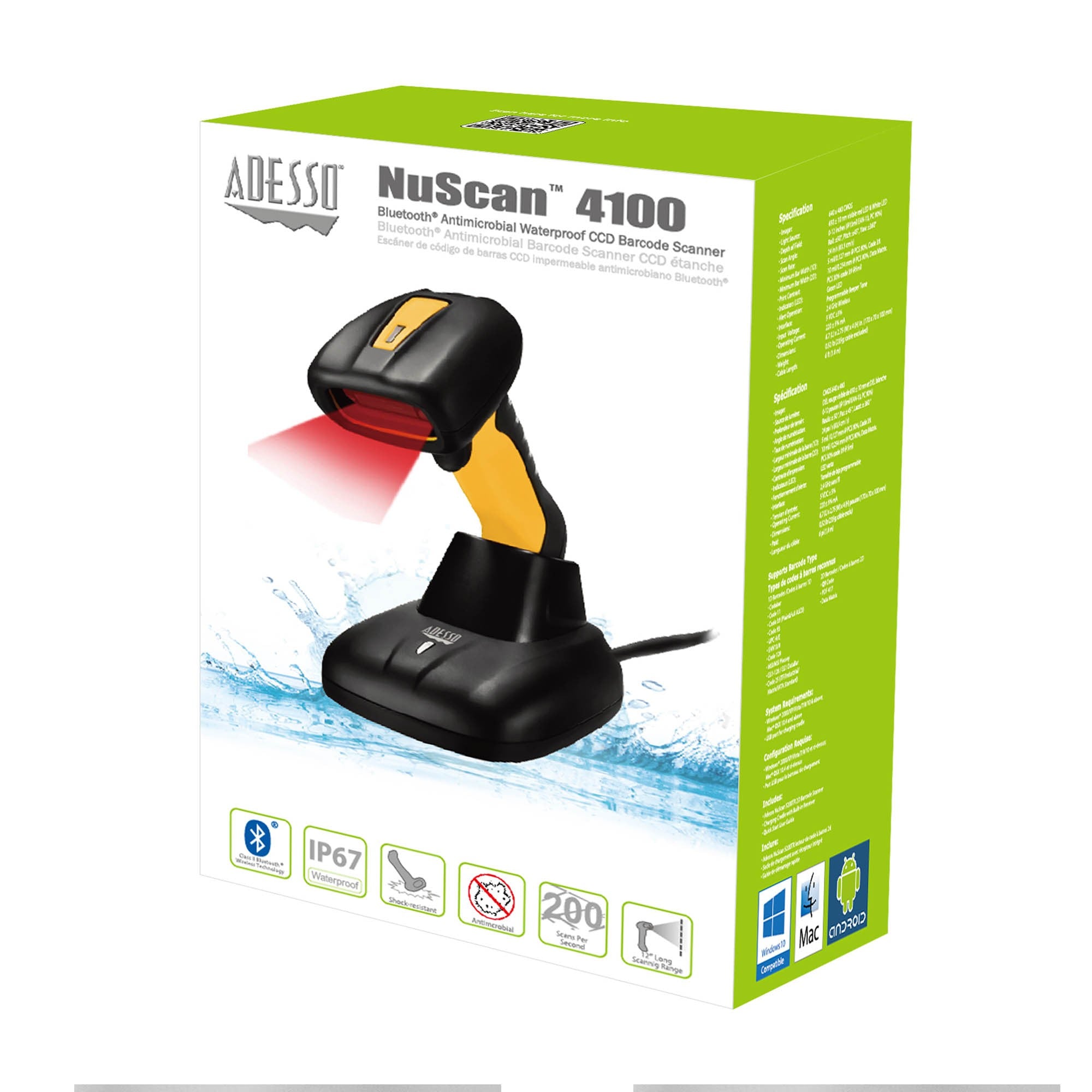 Adesso Bluetooth Antimicrobial Waterproof  CCD Barcode Scanner - 15-15812