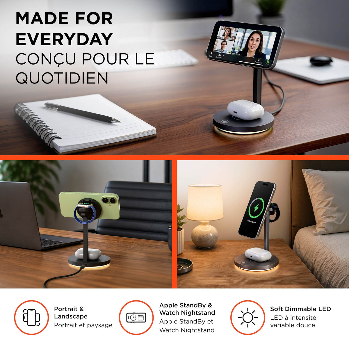 Hypergear MaxCharge Elite 3in1 Qi2.2 25W Wireless Charging Stand Compatible w/ Apple Watch + Android - 15-15900