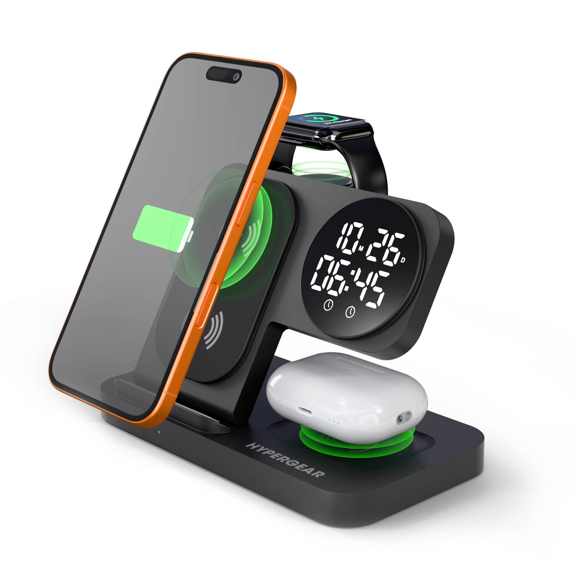 Hypergear 15W Powerfold 24/7 3in1 Foldable Wireless Charging Stand w/Digital Alarm Clock - Black - 15-16269
