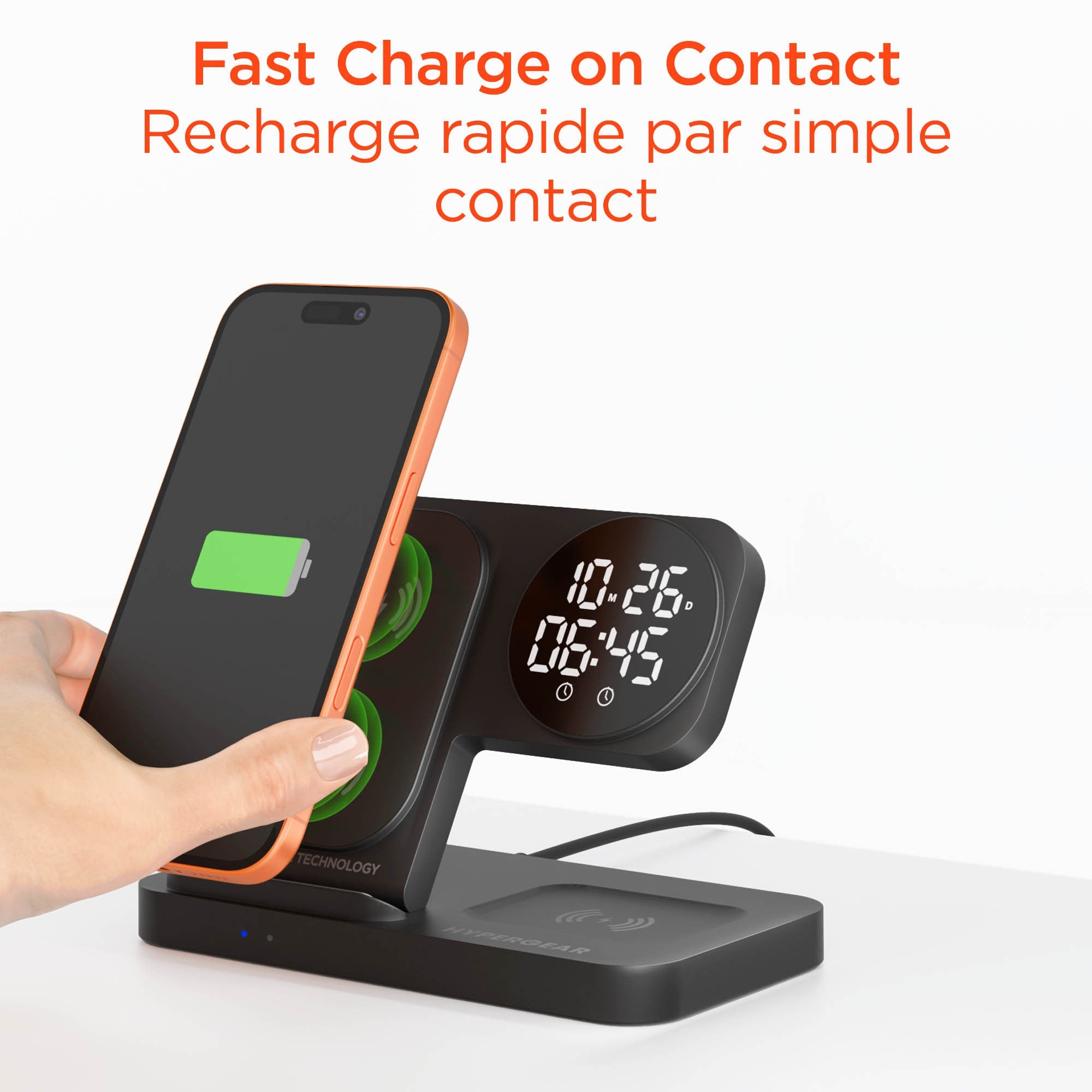 Hypergear 15W Powerfold 24/7 3in1 Foldable Wireless Charging Stand w/Digital Alarm Clock - Black - 15-16269