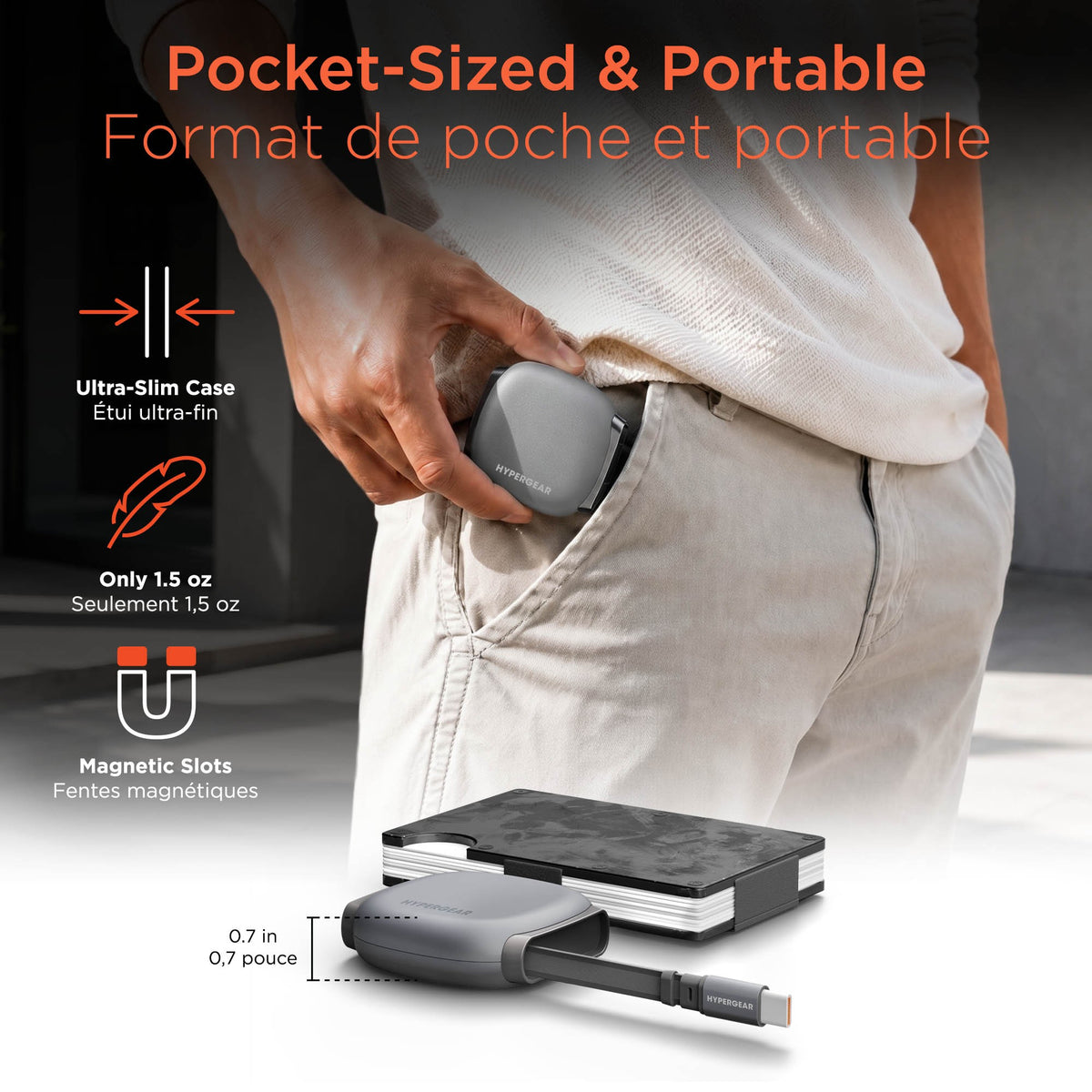 HyperGear FlexiGo 100W USB-C to USB-C Retractable Cable with Ultra-Slim & Compact Case - Grey - 15-16389