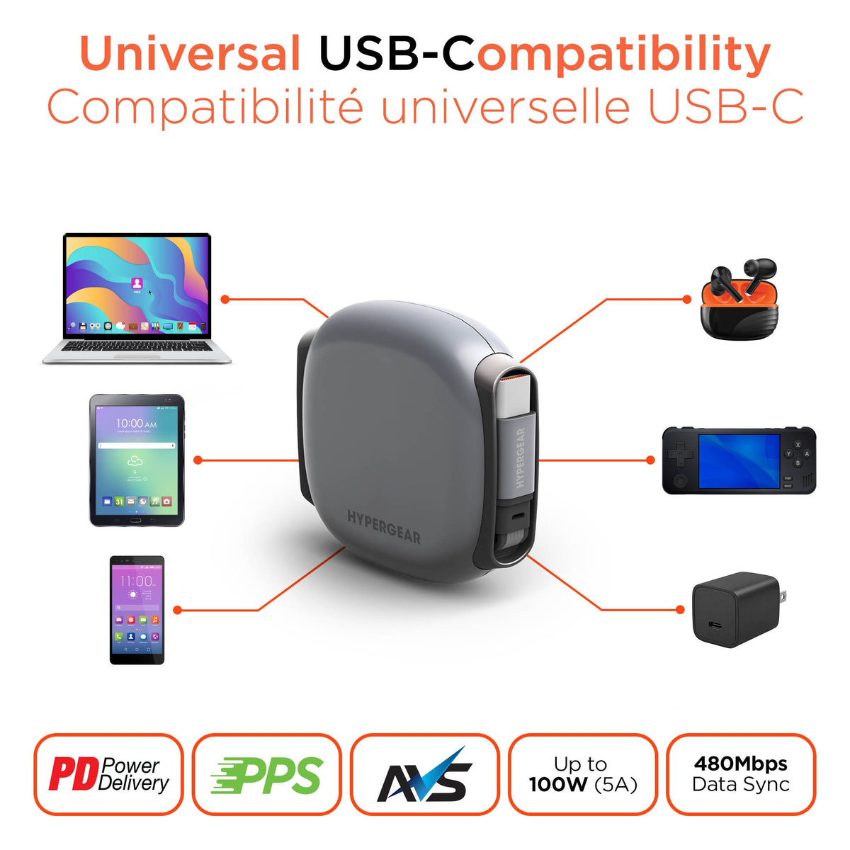 HyperGear FlexiGo 100W USB-C to USB-C Retractable Cable with Ultra-Slim & Compact Case - Grey - 15-16389