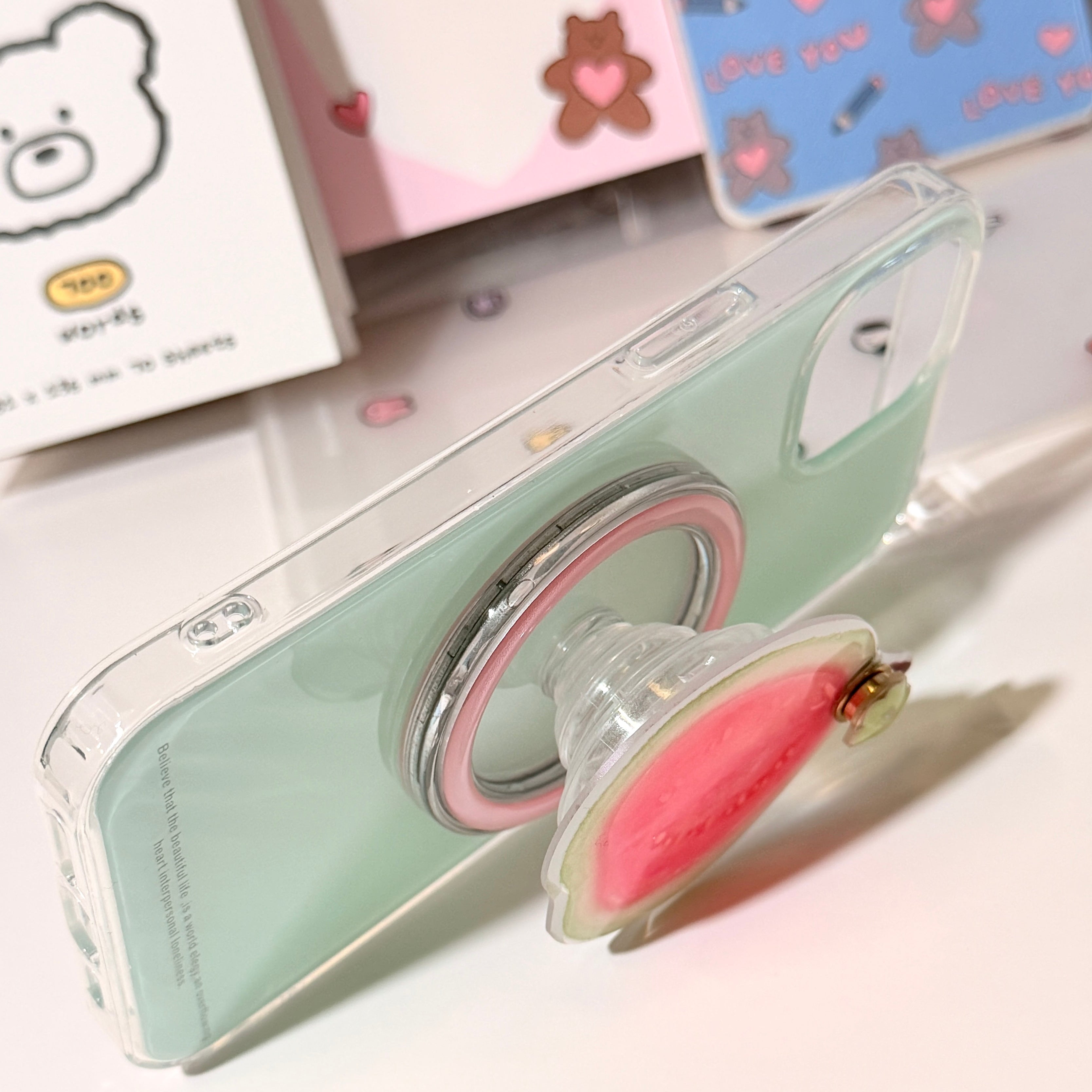 iPhone Mint Green Magsafe Case with Pink Guava Grip