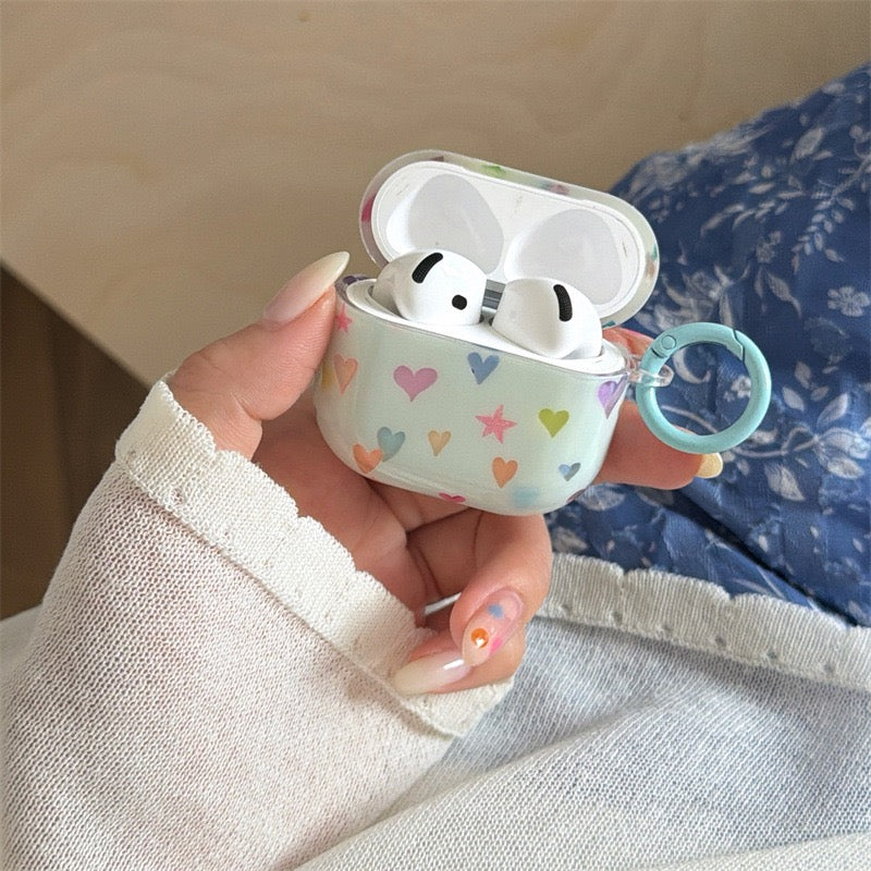 AirPods Blue Case with Colorful Heart Pattern