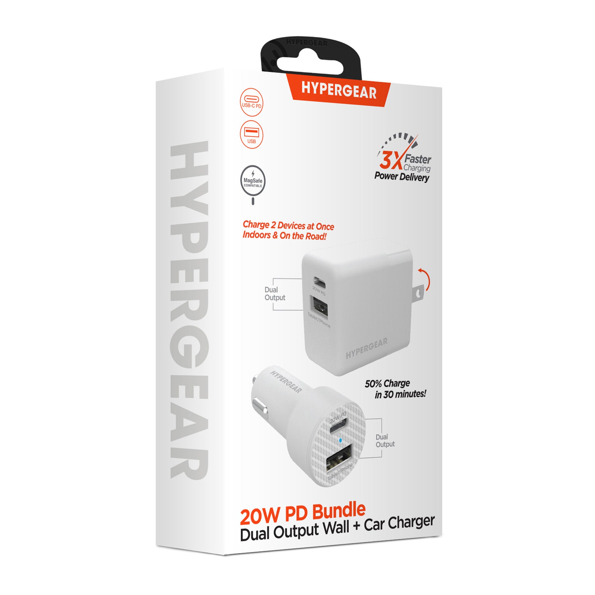 HyperGear 20W White Dual Port USB-A & USB-C CLA & Wall Charger Bundle Pack - 15-09053