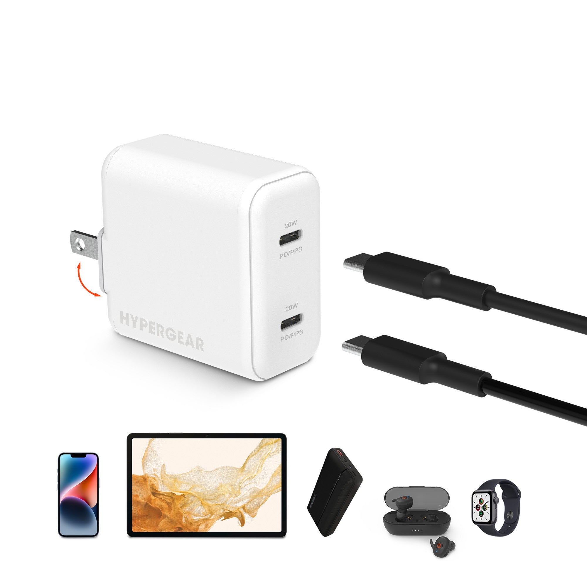 Hypergear 40W Dual Port 20W USB-C PD Wall USB-C PD/PPS Wall Charger Hub - White - 15-10750